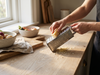 Hands using an everyday household tool in a bright kitchen