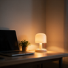 Sunset lamp on a desk beside a laptop, washing the corner in golden light